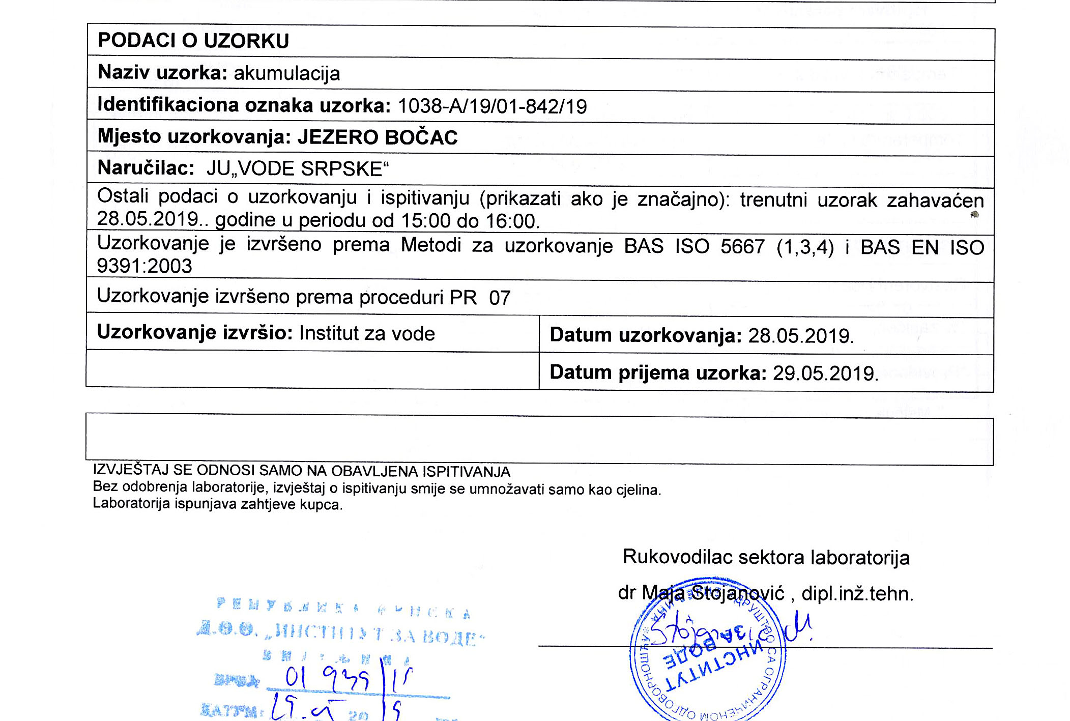 Саопштење за јавност: Први резултати анализе узорака воде из акумулације Бочац